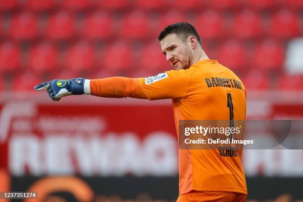 Goalkeeper Marcel Schuhen of SV Darmstadt 98 gestures during the Second Bundesliga match between SSV Jahn Regensburg and SV Darmstadt 98 at...