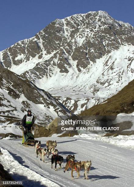 Le musher Timothy Hunt passe avec son attelage de chiens, le 16 janvier 2005 au col du lac du Mont-Cenis sur la frontière italienne en vallée de la...