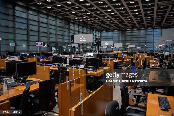 Empty desks are seen inside the Lloyds of London building on December 20, 2021 in London, England. The insurance institution's iconic "inside-out"...