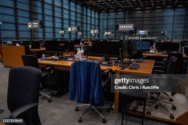 Empty desks are seen inside the Lloyds of London building on December 20, 2021 in London, England. The insurance institution's iconic "inside-out"...