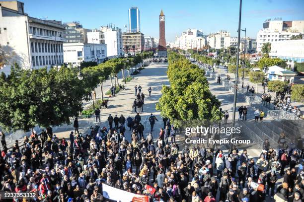 Demonstrators join a protest against President Kais Saied on the 10th anniversary of the start of the 2011 revolution. Protesters slammed the...