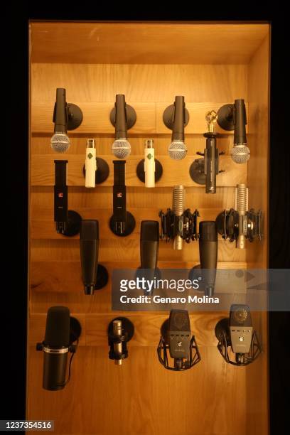 Wide variety of microphones rest in a display case outside the "echo chamber" and are available to recording artists at Spotify's new regional...