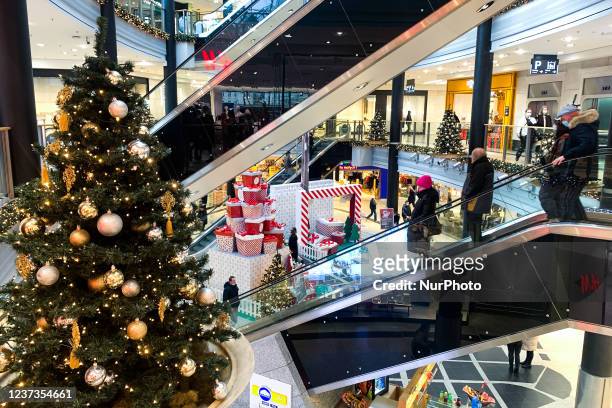 Christmas decorations are seen at the shopping mall in Krakow, Poland on December 20, 2021.