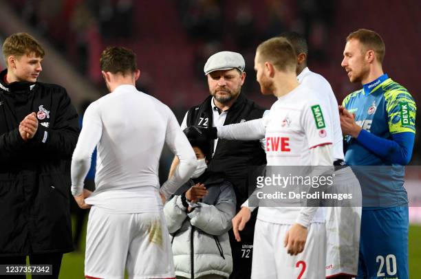 Goalkeeper Jonas Urbig of 1. FC Koeln, Mark Uth of 1. FC Koeln, head coach Steffen Baumgart of 1. FC Koeln, Benno Schmitz of 1. FC Koeln, Anthony...