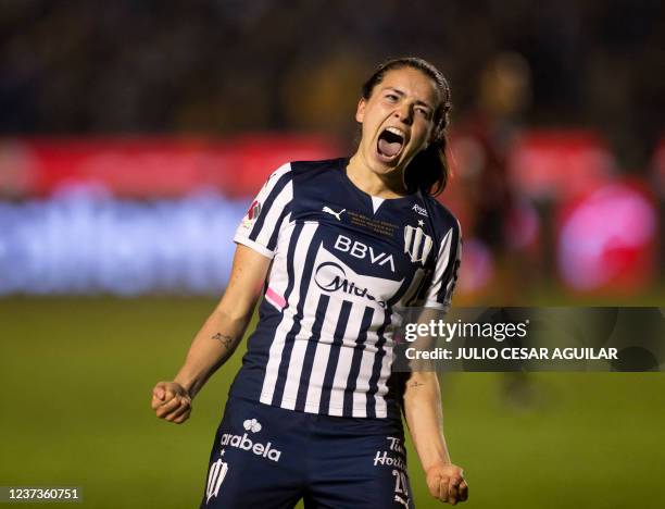 Daniela Solis of Rayadas of Monterrey celebrates after winning the Liga MX Femenil Apertura 2021 football tournament by defeating Tigres at...