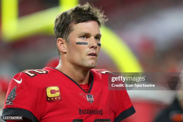 Tampa Bay Buccaneers Quarterback Tom Brady walks off the field during the regular season game between the New Orleans Saints and the Tampa Bay...