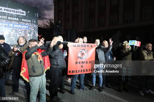 Members of Democratic Party , people from different regions from Albania and Kosovo gather to protest against the Open Balkan initiative and Serbian...