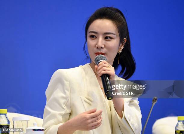 This photo taken on April 20, 2021 shows e-commerce livesreamer Huang Wei, also known as Viya, speaking during the Boao Forum for Asia in Boao, in...