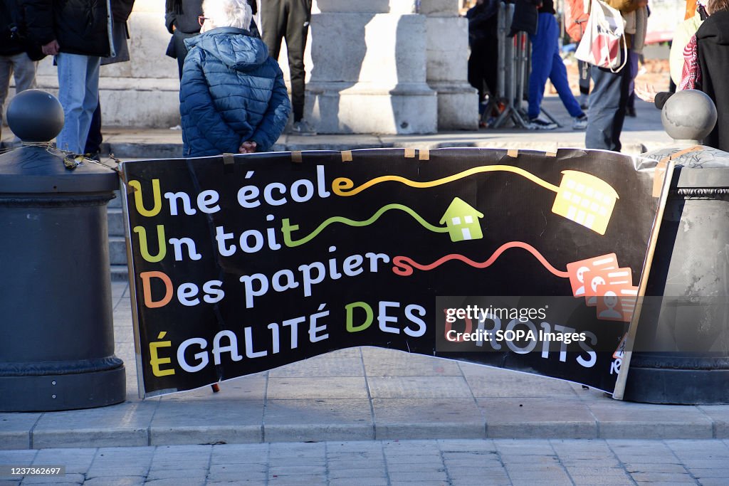 A banner is seen during the celebration of International...