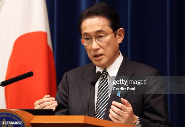 Japan's Prime Minister, Fumio Kishida, speaks during a press conference on December 21, 2021 in Tokyo, Japan. Japan's parliament yesterday enacted a...