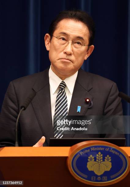 Japanese Prime Minister Fumio Kishida speaks to press members at Prime Minister's official residence in Tokyo, Japan after an extraordinary diet...