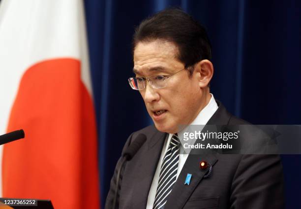 Japanese Prime Minister Fumio Kishida speaks to press members at Prime Minister's official residence in Tokyo, Japan after an extraordinary diet...
