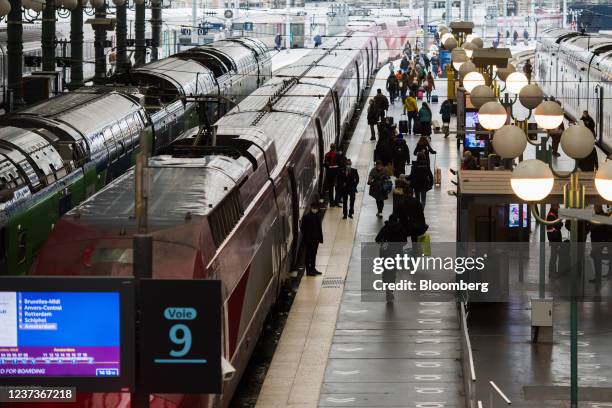 Arriving travelers on the Thalys platform at Gare du Nord train station in Paris, France, on Monday, Dec. 20. 2021. The multitude of tighter Covid...