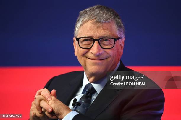 Microsoft founder-turned-philanthropist Bill Gates smiles during the Global Investment Summit at the Science Museum in London on October 19, 2021.