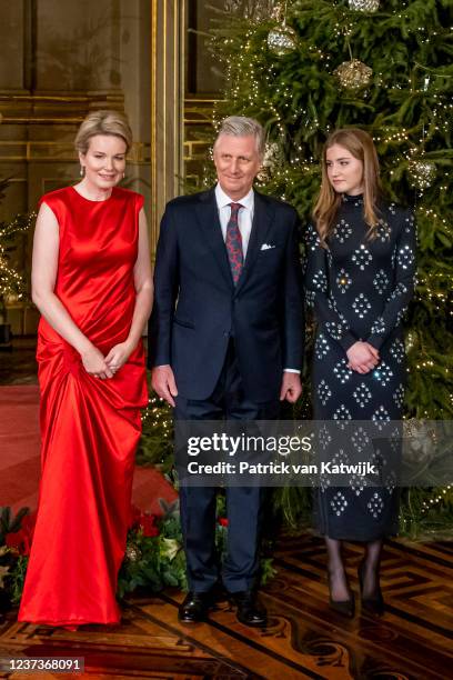 King Philippe of Belgium, Queen Mathilde of Belgium and Princess Elisabeth of Belgium attend the Christmas concert in the Royal Palace on December...