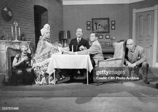 Episode "The Seance" shown here: From left to right, Lucille Ball as Lucy Ricardo, Vivian Vance as Ethel Mertz, Jay Novello, Desi Arnaz as Ricky...