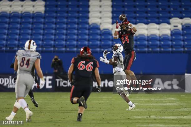 San Diego State Aztecs safety C.J. Baskerville intercepts a pass during the Tropical Smoothie Cafe Frisco Bowl game between UTSA and San Diego State...