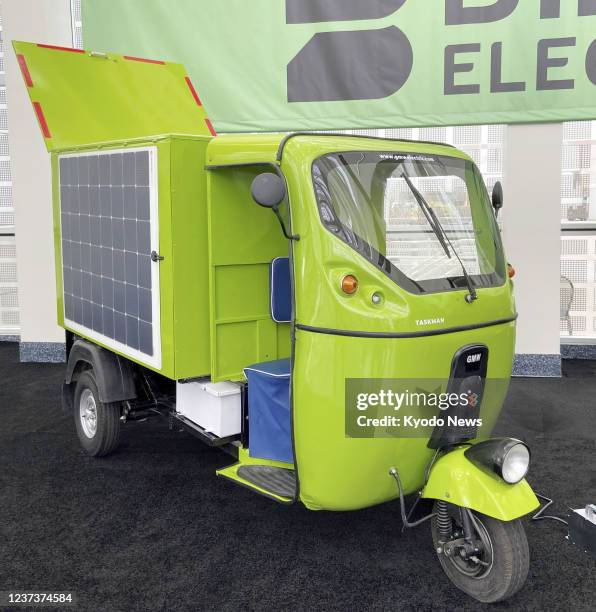 File photo taken in Los Angeles in November 2021 shows a three-wheeled electric vehicle produced by Biliti Electric Inc.