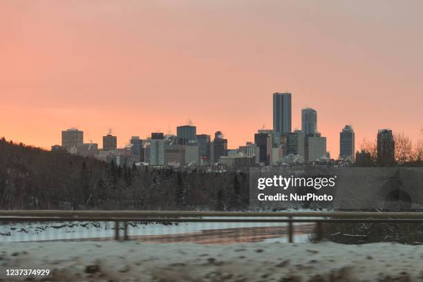 Winter sunset view of downtown Edmonton and the High Level Bridge. On Tuesday, 20 October 2021, in Edmonton, Alberta, Canada.