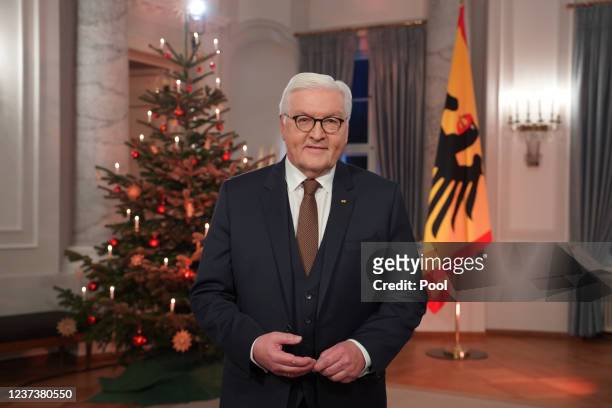 German President Frank-Walter Steinmeier records his televised Christmas address to the nation at Schloss Bellevue on December 22, 2021 in Berlin,...