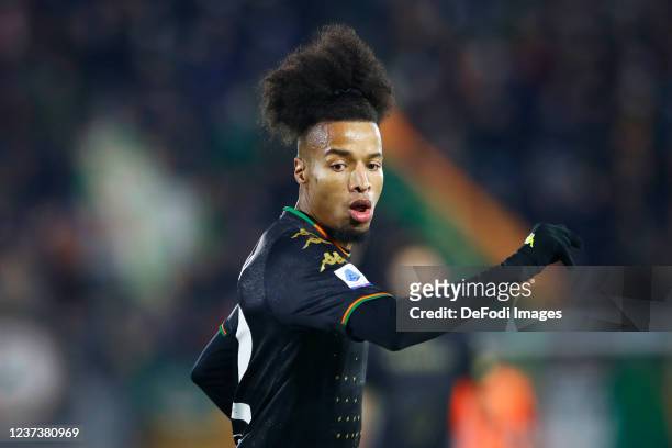 Tyronne Ebuehi of Venezia FC looks on during the Serie A match between Venezia FC and SS Lazio at Stadio Pier Luigi Penzo on December 22, 2021 in...