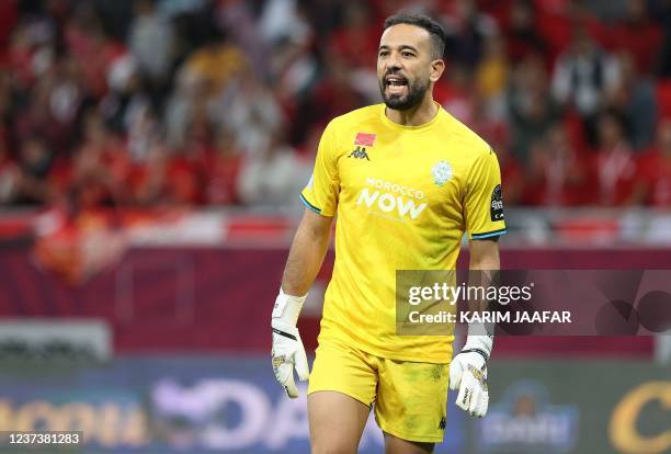 Raja's goalkeeper Anas Zniti reacts during the CAF Super Cup football match between Egypt's Al-Ahly and Morocco's Raja Club Athletic at the Ahmad Bin...