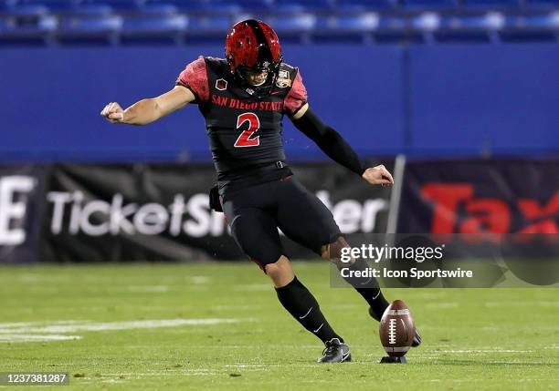 San Diego State Aztecs kicker Matt Araiza attempts a kickoff during the Tropical Smoothie Cafe Frisco Bowl game between the UTSA Roadrunners and the...