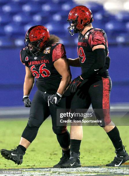 San Diego State Aztecs defensive tackle Jonah Tavai celebrates with defensive end Cameron Thomas after recording a sack during the Tropical Smoothie...