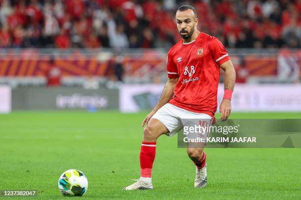 Ahly's midfielder Mohamed Magdy controls the ball during the CAF Super Cup football match between Egypt's Al-Ahly and Morocco's Raja Club Athletic at...