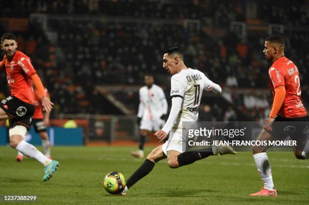 Paris Saint-Germain's Argentinian midfielder Angel Di Maria kicks the ball during the French L1 football match between FC Lorient and Paris...