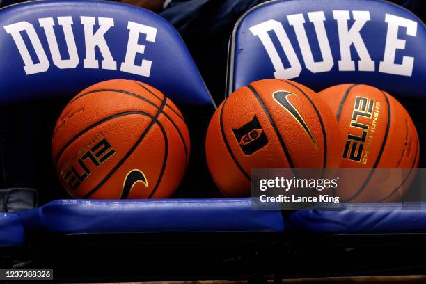 Detail view of Nike basketballs prior to the game between the Elon Phoenix and the Duke Blue Devils at Cameron Indoor Stadium on December 18, 2021 in...