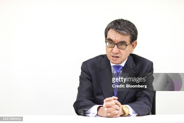 Taro Kono, former regulatory reform and vaccine minister, speaks during an interview in Tokyo, Japan, on Dec. 22, 2021. Kono said the government...