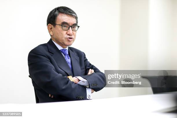 Taro Kono, former regulatory reform and vaccine minister, speaks during an interview in Tokyo, Japan, on Dec. 22, 2021. Kono said the government...