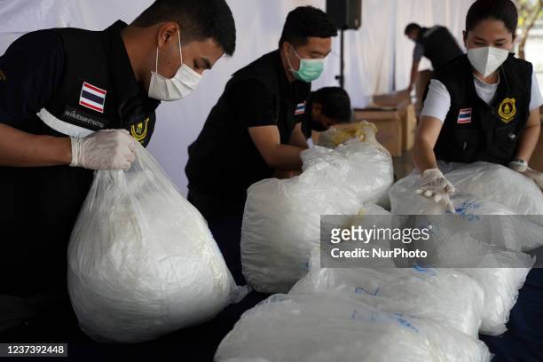 Thai customs officials display seized crystal methamphetamine worth 116 million Thai baht after Thai customs intercepted packages headed for...