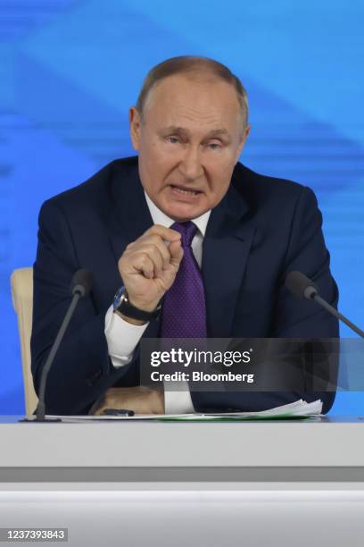 Vladimir Putin, Russia's President, delivers his annual news conference in Moscow, Russia, on Thursday, Dec. 23, 2021. Russia is continuing to build...