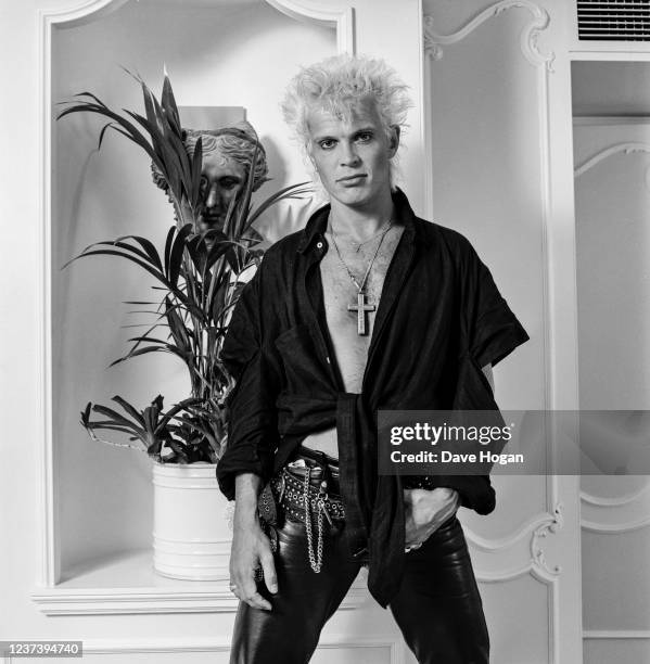 Singer Billy Idol poses for a portrait at the Mayfair Hotel in London on October 28th 1986