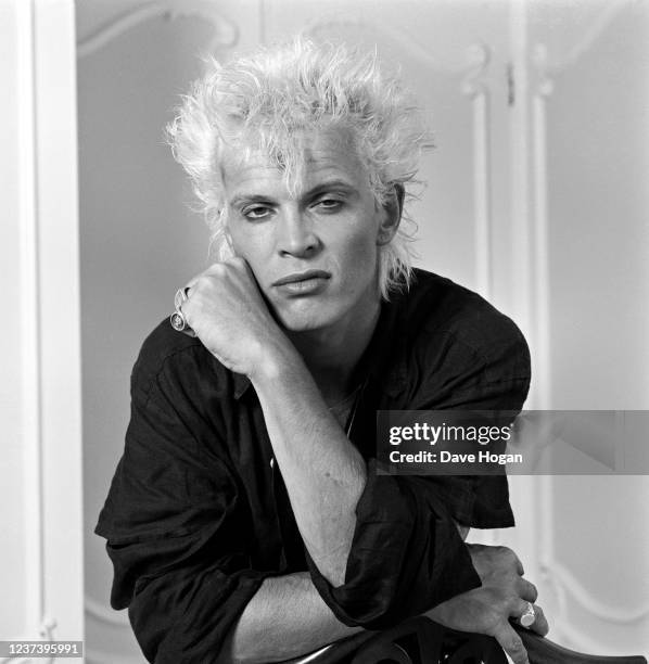 Singer Billy Idol poses for a portrait at the Mayfair Hotel in London on October 28th 1986