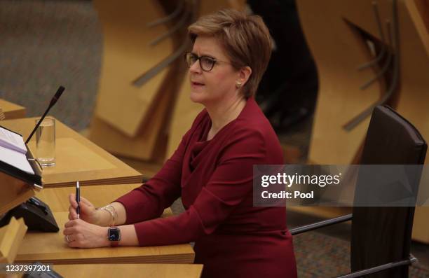 Scottish First Minister Nicola Sturgeon attends First Minister's Questions at Holyrood on December 23, 2021 in Edinburgh, Scotland.