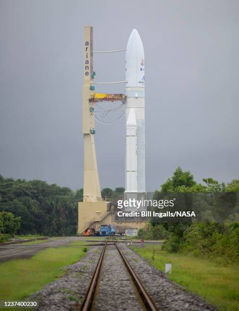 In this handout image provided by the U.S. National Aeronatics and Space Administration , Arianespace's Ariane 5 rocket with NASAs James Webb Space...