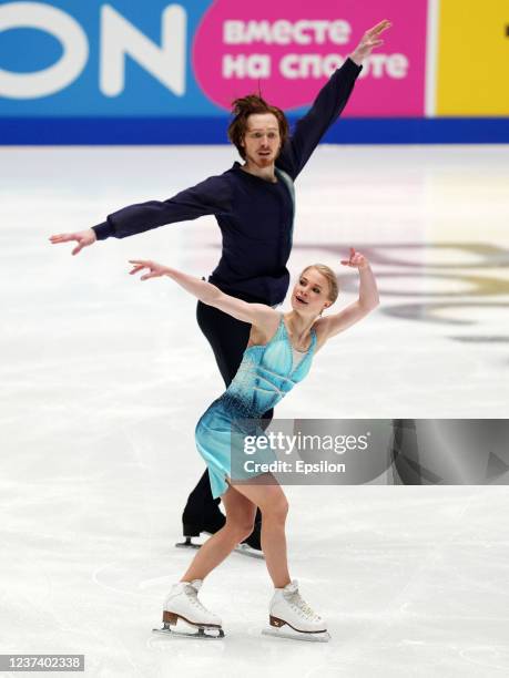 Evgenia Tarasova and Vladimir Morozov perform short program in pairs competition during 2022 Russian Figure Skating Championships at Yubileyny Sports...