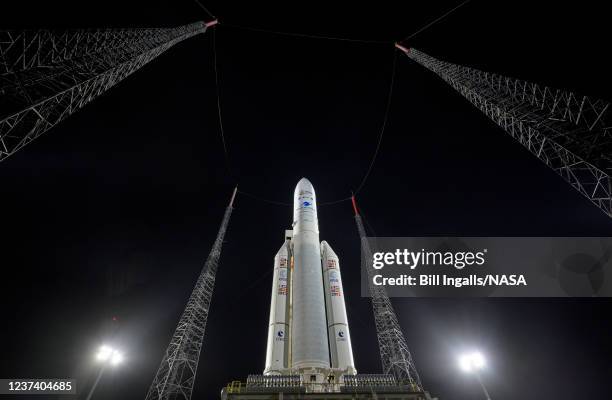 In this handout image provided by the U.S. National Aeronatics and Space Administration , Arianespace's Ariane 5 rocket with NASAs James Webb Space...