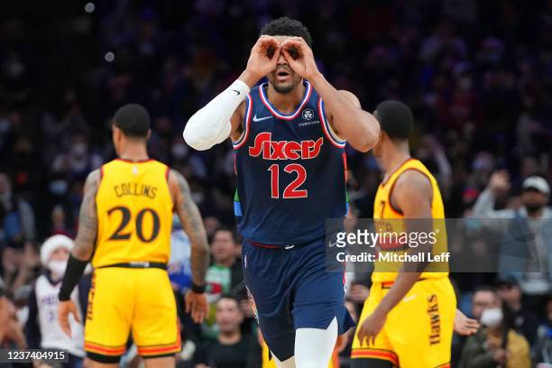 Tobias Harris of the Philadelphia 76ers reacts against the Atlanta Hawks in the second half at the Wells Fargo Center on December 23, 2021 in...