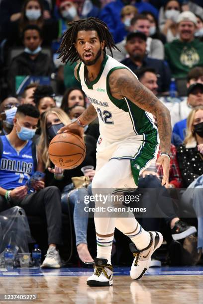 Marquese Chriss of the Dallas Mavericks dribbles the ball during the game against the Milwaukee Bucks on December 23, 2021 at the American Airlines...