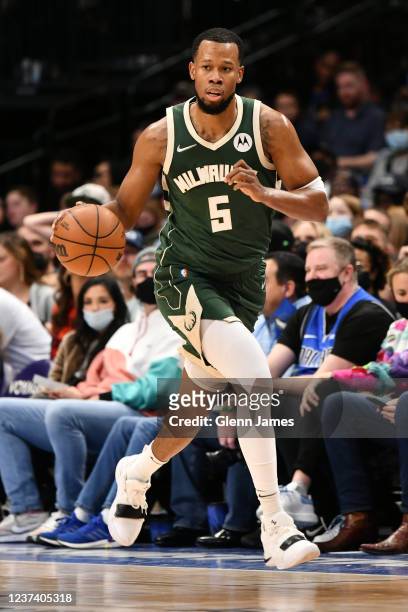 Rodney Hood of the Milwaukee Bucks dribbles the ball during the game against the Dallas Mavericks on December 23, 2021 at the American Airlines...