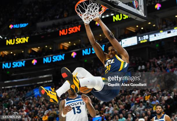 Hassan Whiteside of the Utah Jazz dunks in the first half of a game against the Minnesota Timberwolves at Vivint Smart Home Arena on December 23,...