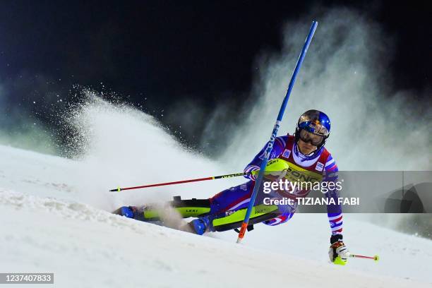 France's Clement Noel competes in the first run of the men's FIS Ski World Cup Slalom event in Madonna di Campiglio, Dolomite Alps, on December 22,...