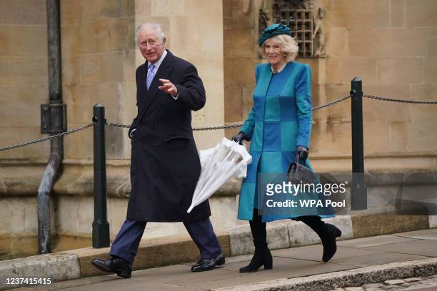 Prince Charles, Prince of Wales and Camilla, Duchess of Cornwall arrive to attend the Christmas Day morning church service at St George's Chapel,...