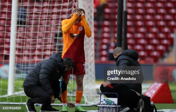 Kerem Akturkoglu of Galatasay gets injured during Turkish Super Lig match between Galatasaray and Fraport TAV Antalyaspor at Nef Stadium in Istanbul,...