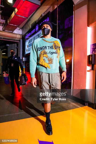 Russell Westbrook of the Los Angeles Lakers arrives to the arena before the game against the Brooklyn Nets on December 25, 2021 at Crypto.Com Arena...