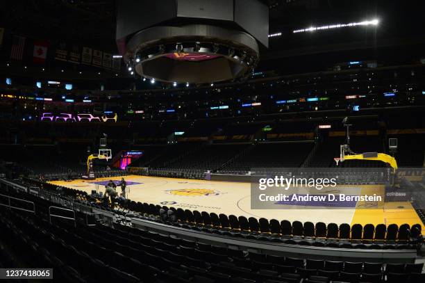 General view of the court at Crypto.Com Arena before the game between the Brooklyn Nets and Los Angeles Lakers on December 25, 2021 in Los Angeles,...